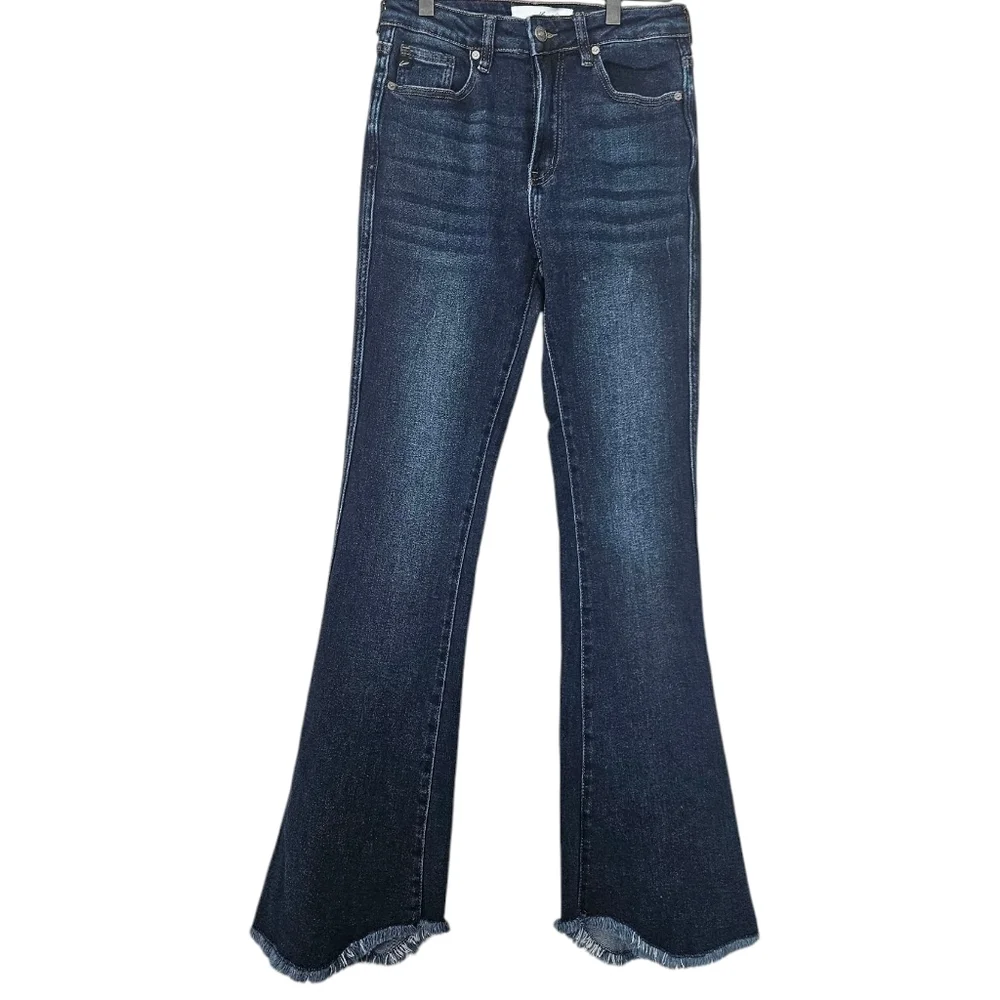 Kancan Dark Wash Bell Bottom Frayed Hem Highwaist Jeans Size 5/26